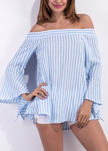 

Striped Off ShoulderFlare Sleeve Women's Long Loose Blouse