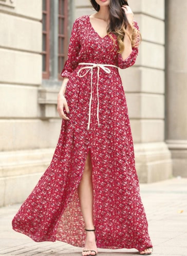 

Vintage Chiffon V Neck Elastic Waist Belted Split Women's Maxi Dress