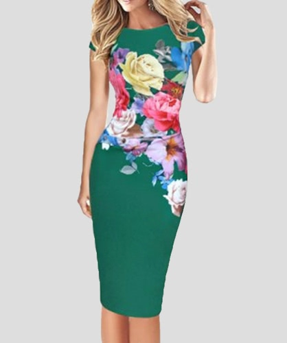 

Elegant Floral Print Bodycon Short Sleeve Women's Midi Dress