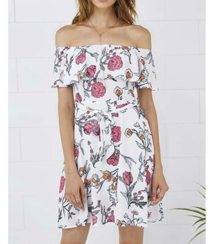 

Vintage Floral Print Off Shoulder Belted Casual A-Line Women's Mini Dress