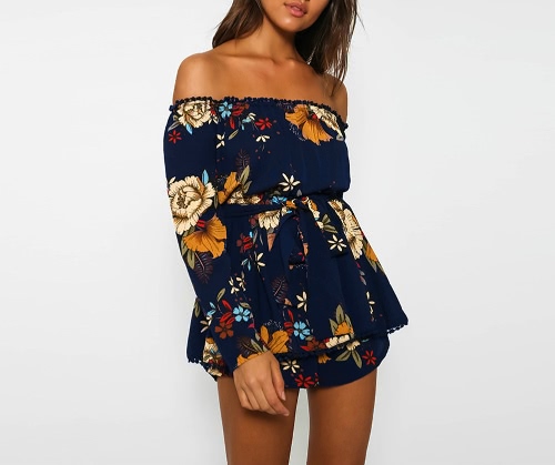 

Sexy Off Shoulder Short Rompers Boho Floral Slash Neck Women's Jumpsuit