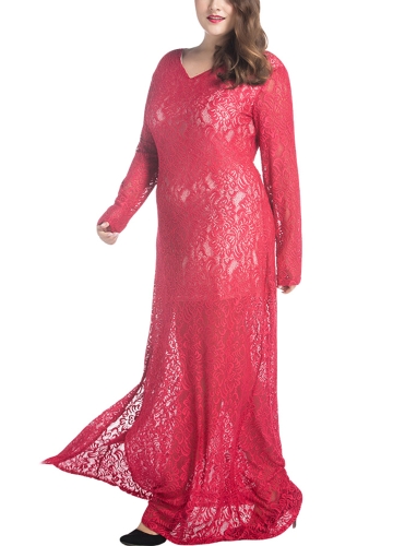 

Women Plus Size V-Neck Lace Maxi Dress
