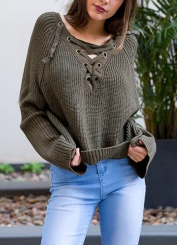 

Flare Sleeve Knitted Sweater Women Lace Up V-Neck Pullover Sexy Jumper Casual Loose Split Knitwear