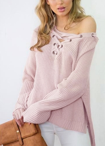 

Women Lace Up V-Neck Flare Sleeve Sweater