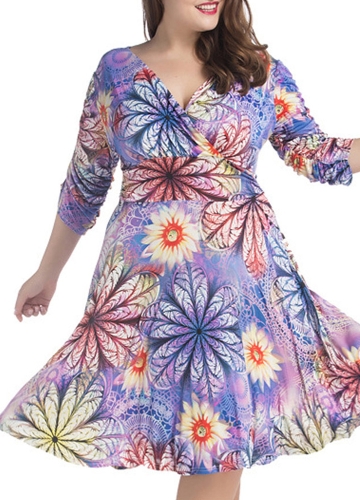 

Summer Sexy V Neck Floral Print Midi Dress Ruched Women's Plus Размер Платье