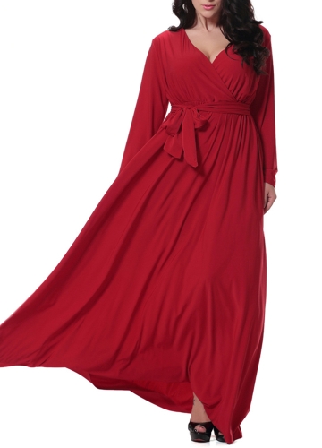 

Sexy V Neck Long Sleeve Solid Belted Cocktail Women's Plus Size Dress