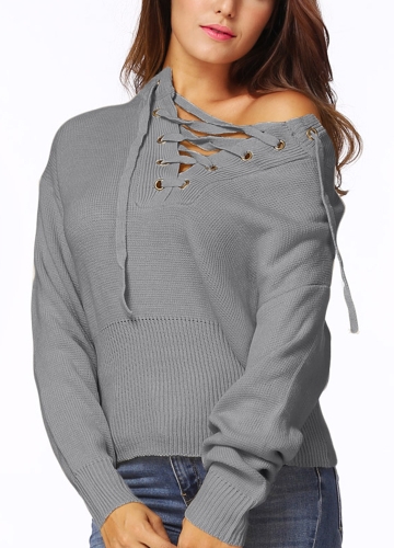 

Lace-Up Knit Sweater V Neck Long Sleeves Ribbed Cuffs Hem Women's Pullover
