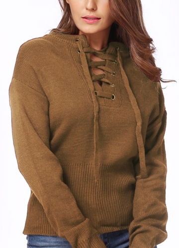 

Lace-Up Knit Sweater V Шея с длинными рукавами Ребристые манжеты Hem Women's Pullover
