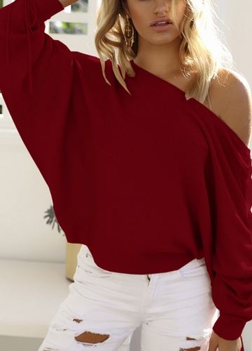

Knitted Off Shoulder Pullover Drawstring Long Sleeve Casual Sweater