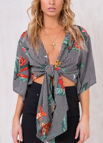 

Women Cropped Tie Front Kimono Striped Floral Flared Tops Blous
