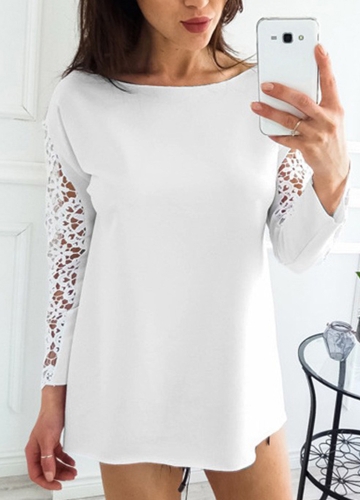 

Women Floral Crochet Lace Splicing Dropped Shoulders Hollow Out Long Sleeve T-shirt