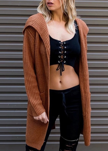 

Women Hooded Knitted Cardigan Lace Up Split Long Sleeves Sweater