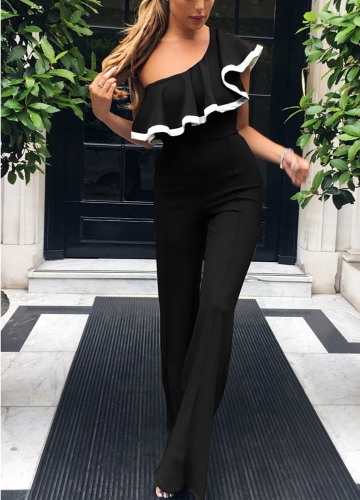 

Fashion Women One Shoulder Ruffles Slim Jumpsuit