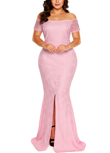 

Модные женщины Split Hem Back Maxi Off Плечевое кружевное платье