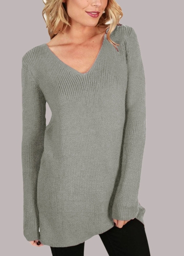 

Lace Up V Neck Ribbed Long Sleeve Sweater