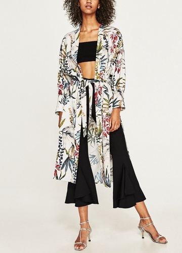 

Женская цветочная печать Sash Kimono Shirt Ретро-бандаж Кардиганская блузка Top