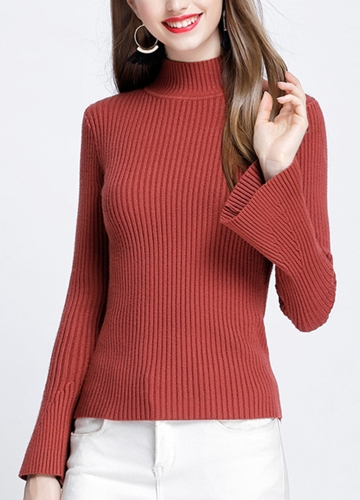 

Fashion Winter Women Ribbed Flare Sleeves Stand Collar Women's Sweater