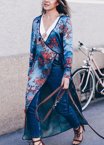 

Vintage Women Kimono Floral Bird Print V Neck Tied Ethnic Oriental Outerwear