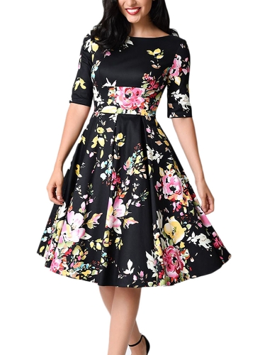 

Women Vintage Floral Round Neck Half Sleeve High Waist Party Pleated Dress