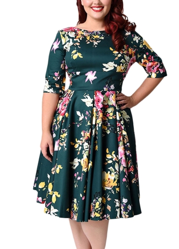 

Women Vintage Floral Round Neck Half Sleeve High Waist Party Pleated Dress
