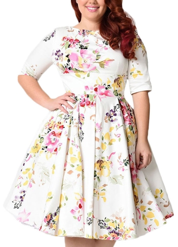 

Women Vintage Floral Round Neck Half Sleeve High Waist Party Pleated Dress