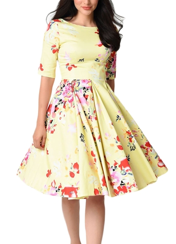

Women Vintage Floral Round Neck Half Sleeve High Waist Party Pleated Dress