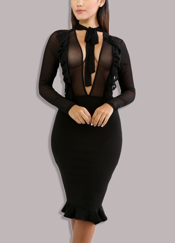 

Sheer Mesh V Tied High Waist Ruffle Midi Nightclub Women's Bodycon Dress
