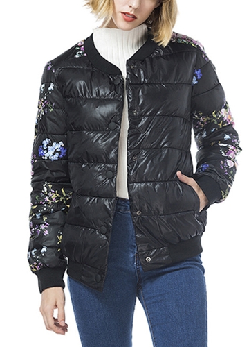 Winter Women Floral Print Quilted Long Sleeve Cotton Padded Jacket Coat