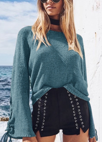 

Bell Sleeves Knitted Pullover Sweater Lace Up Eyelets O Neck Loose Casual Top
