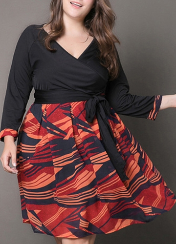 

Sexy Women Plus Size Dress Plunge V Neck Print Elegant Knee-Length Dress