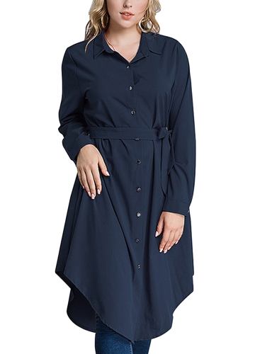 

Women Long Sleeve Irregular Hem Belted Solid Tunic Plus Size Shirt