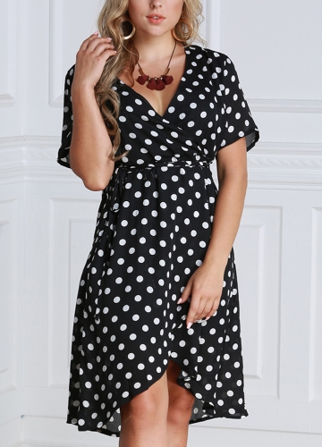 

Женщины плюс размер Polka Dot шифон платье Deep V шеи с короткими рукавами Cross Overlap Vintage Dress