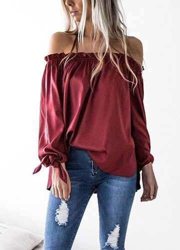 

Sexy Elastic Slash Neck Bow Tie Cuffs Long Sleeve Solid Color Blouse