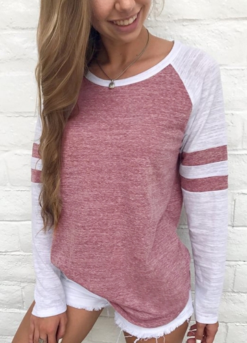 

Women Long Sleeves T-Shirt Color Splicing Striped O Neck Raglan Casual Tees Pullovers Tops