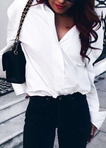 

Women Lace Up Shirt Long Sleeves Off the Shoulder Button Down Front Turn-down Collar Loose Casual Blouse Tops