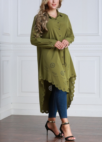 

Women Burning Flowers Hollow Out Irregular Belted Plus Size Shirt