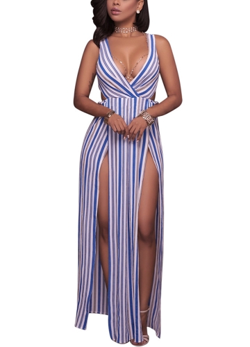 

Long Summer Maxi Dress Striped Deep V-Neck High Splits Backless Club Party Dress