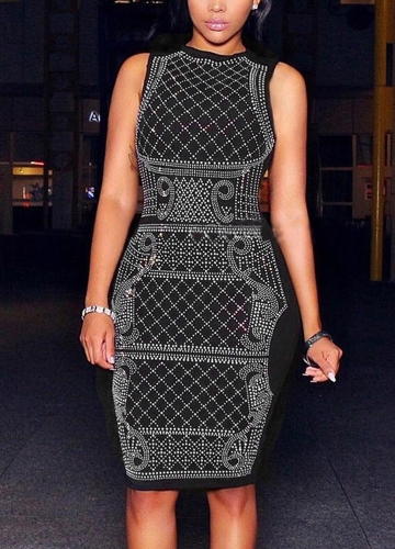 

Rhinestone Midi Dress O-Neck Sleeveless Bodycon Nightclub Party Pencil Dress