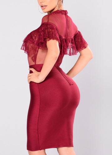 

Sexy Women Patchwork Sheer Mesh Lace Ruffle Bodycon Dress