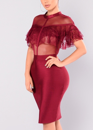 

Sexy Women Patchwork Sheer Mesh Lace Ruffle Bodycon Dress