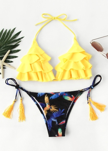 

Sexy Women Bikini Set Ruffles Self-tie Two Pieces Frill Beach Swimwear