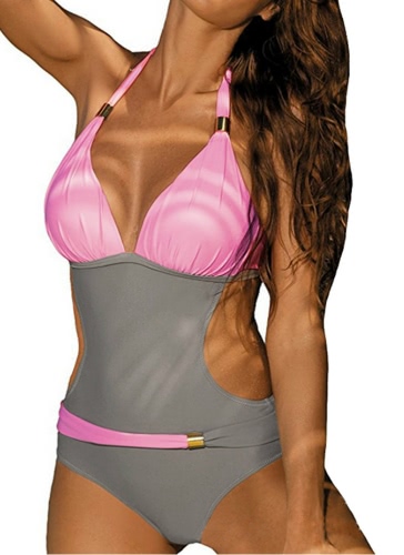 

Women's Contrast Color Block Halter Backless One Piece Swimsuit
