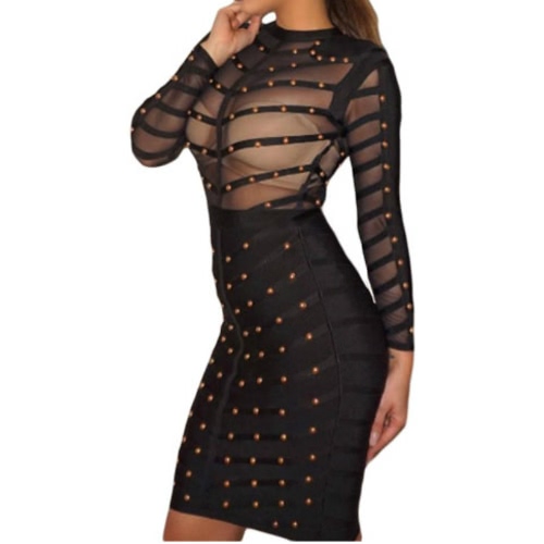 

Women's Studded Mesh Long Sleeve Bandage Dress