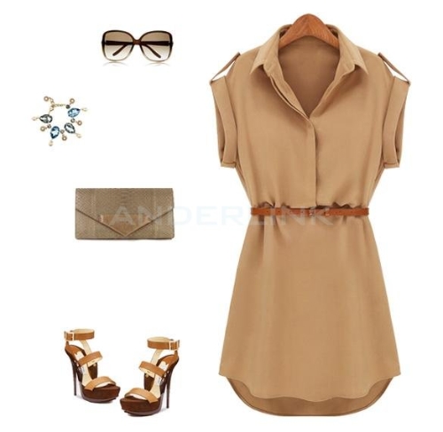 

New Fashion Women's Cap Sleeve Stretch Chiffon Casual Shirt Mini Dress With Belt
