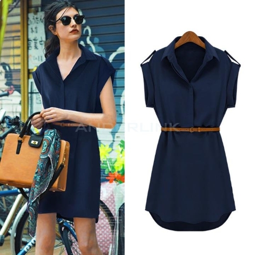

New Fashion Women's Cap Sleeve Stretch Chiffon Casual Shirt Mini Dress With Belt