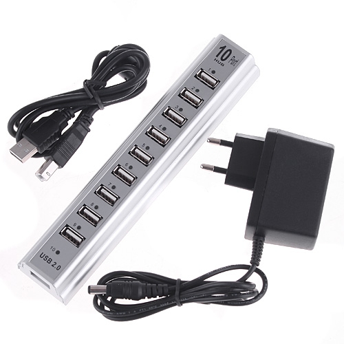 USB 2.0  Hub de 10 Puertos/ Adaptador de Alimentación/ Alargador con Tomas de Corriente/ Múltiple / Ladrón para Portátiles (Plata)