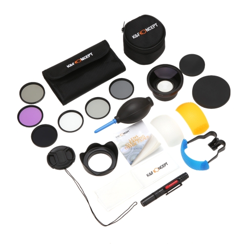 K & F concepto 16-en-1 58 mm UV + CPL + FLD + ND2 + ND4 + filtro ND8 Kit con 58mm 0.43 x HD Wide angular lente + close-up Flash difusor conjunto Campana Tapa lente plumas tejido paño Air Blower bolsa de limpieza para Canon EOS D 600D 650 700 D rebelde T5i T4i T3i Nikon D7100 D5200 cámara réflex digital