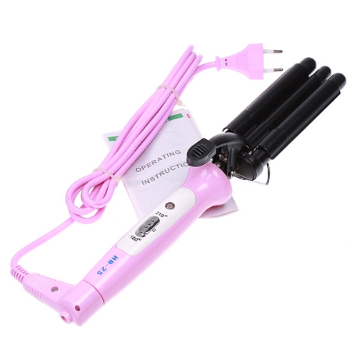 Three Barrel Ceramic Stainless Steel Hair Jumbo Waver Styler Curling Iron Pink