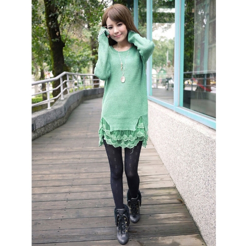 New Stylish Girls Women's Sweater Knitting Wool Blouse Dress Lace Hem Slim