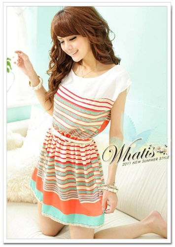 Fashion Women's Colorful Stripes Chiffon Party Mini Dress Clubwear Elastic Waist